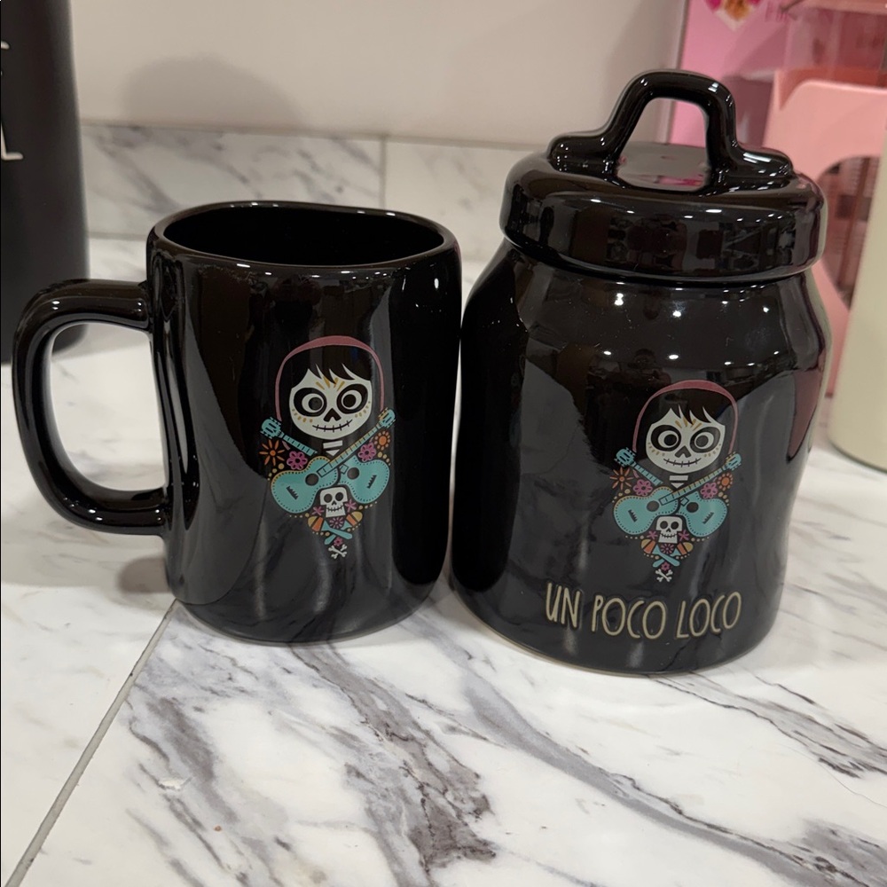 Rae Dunn 2 set - PIXAR COCO Ceramic Mug with 'Family' Text and matching canister